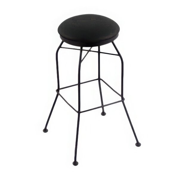 A Holland Bar Stool black wrinkle steel bar height swivel stool with black vinyl seat.