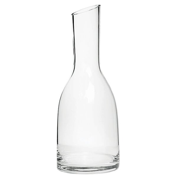 A clear glass carafe with a straight neck.