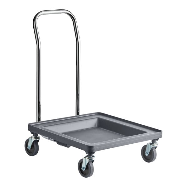 A gray dish rack and glass rack dolly with a 31-inch chrome handle and four swivel casters.