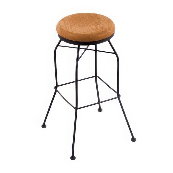 A Holland Bar Stool with a black wrinkle steel base and medium oak wood seat.