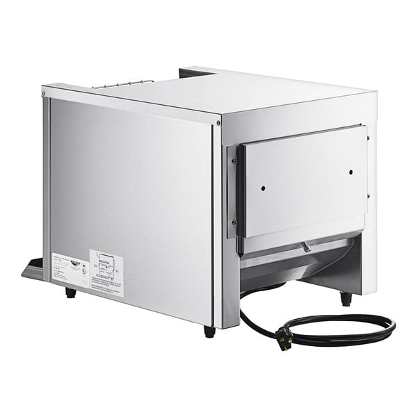 A silver and black Vollrath conveyor toaster with a black cord.