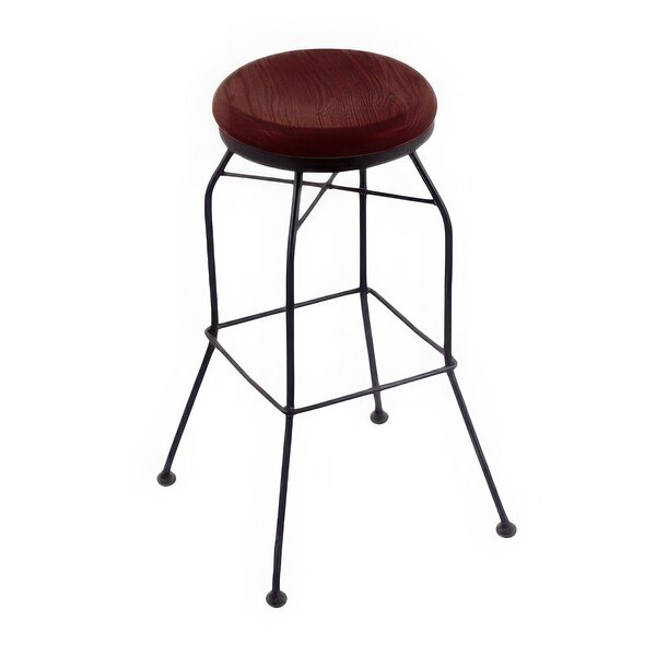 A Holland Bar Stool black wrinkle steel bar height swivel stool with dark cherry maple wood seat.