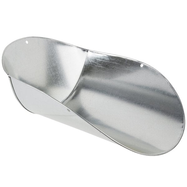 A silver metal Cardinal Detecto hanging scoop scale with a curved metal container.