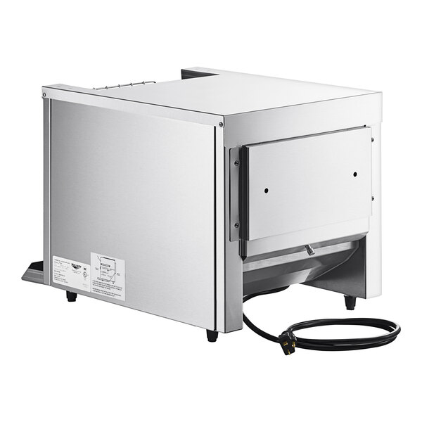 A silver and black Vollrath conveyor toaster with a wire.