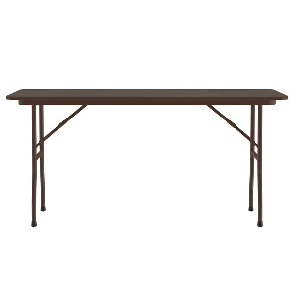 A brown rectangular Correll folding table with legs.