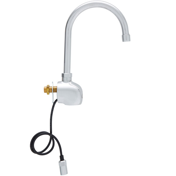 A silver Fisher wall mounted hands-free sensor faucet with a gooseneck spout.