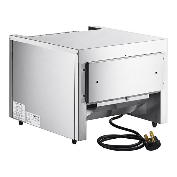 A stainless steel and black Vollrath conveyor toaster with a black cord.