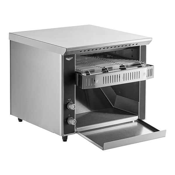 A stainless steel Vollrath conveyor toaster with a drawer open.