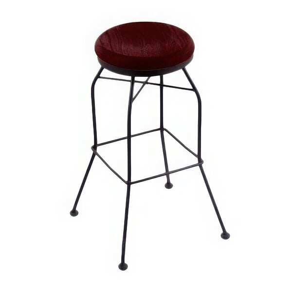 A black wrinkle steel bar stool with a dark cherry oak wood seat.