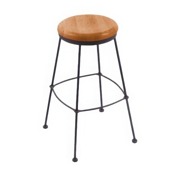 A Holland Bar Stool counter height stool with a medium oak wood seat and black wrinkle steel base.