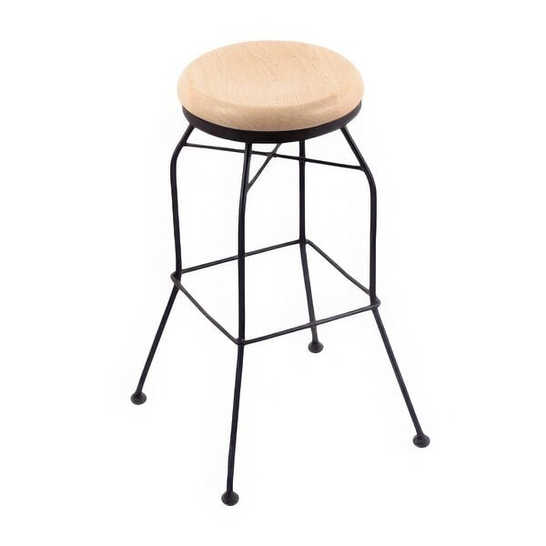 A Holland Bar Stool black wrinkle steel bar stool with a natural maple wood seat.