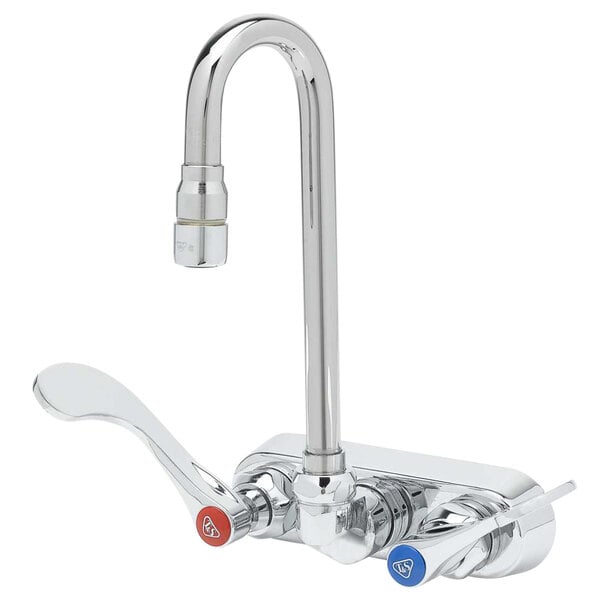 A T&S chrome wall mounted workboard faucet with gooseneck spout and wrist handles.