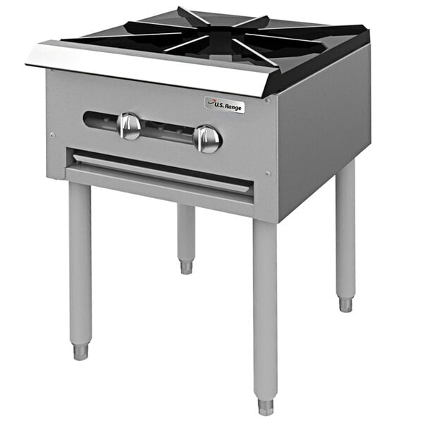 A stainless steel Garland liquid propane countertop stock pot stove with two burners.