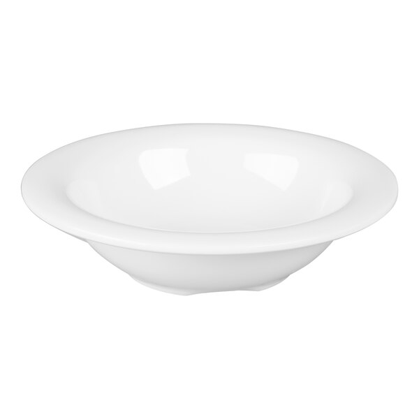 A white rimmed melamine fruit bowl.