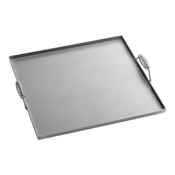 A square portable steel griddle with raised edges and two coiled metal handles.