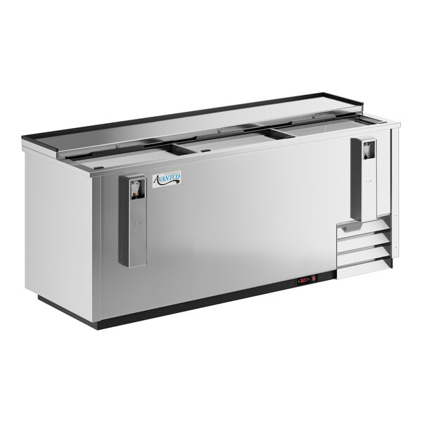 A stainless steel Avantco horizontal bottle cooler with two doors.