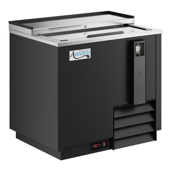 An Avantco black horizontal bottle cooler.