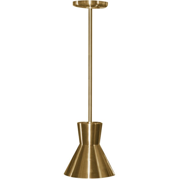 A Hanson Heat Lamps ceiling mount heat lamp with a brass finish on a long pole.