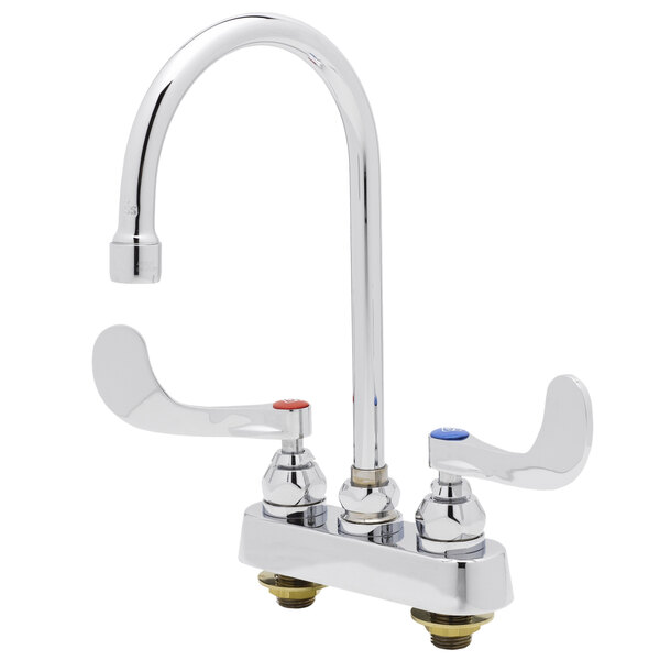 A T&S chrome deck-mount faucet with gooseneck spout and wrist handles.