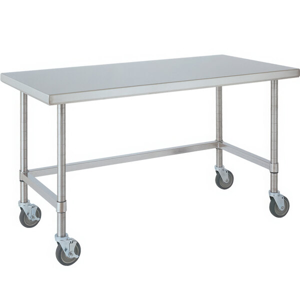 A white rectangular stainless steel table with wheels.