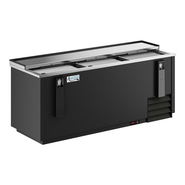 An Avantco black horizontal bottle cooler with a silver handle.