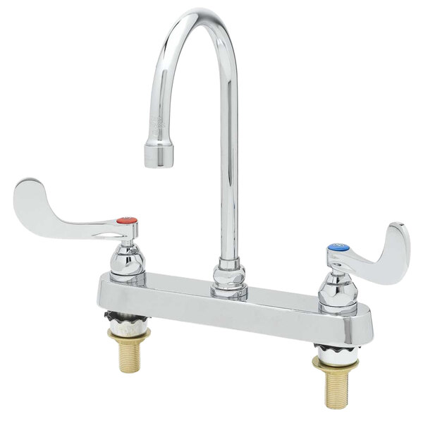 A T&S chrome deck-mount faucet with gooseneck spout and wrist handles.