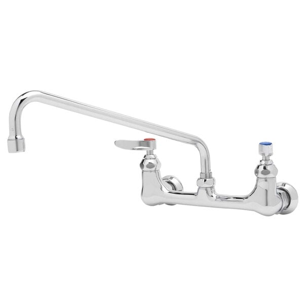 A T&S chrome wall mounted pantry faucet with lever handles and a swing spout.