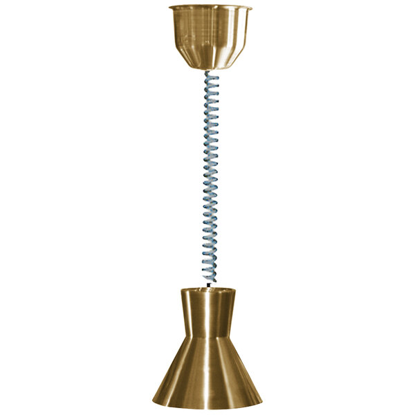 A Hanson Heat Lamps brass ceiling mount with a retractable cord and spiral.