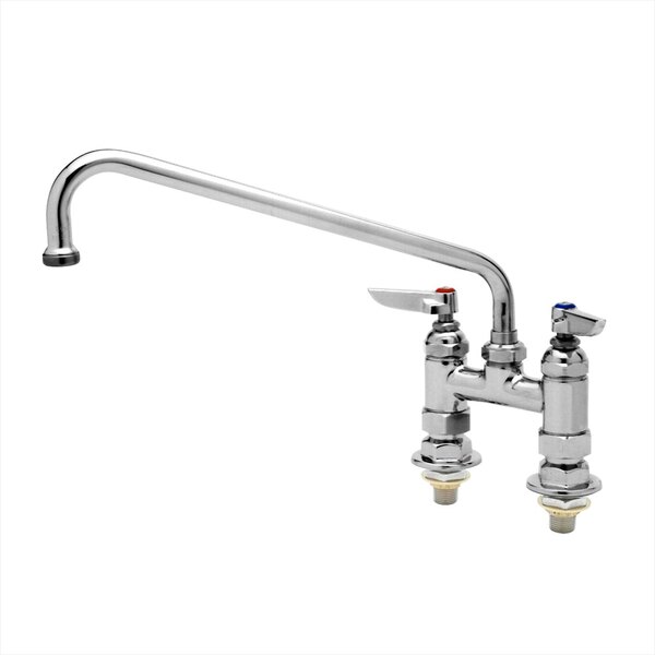 A T&S chrome deck-mounted pantry faucet with lever handles.