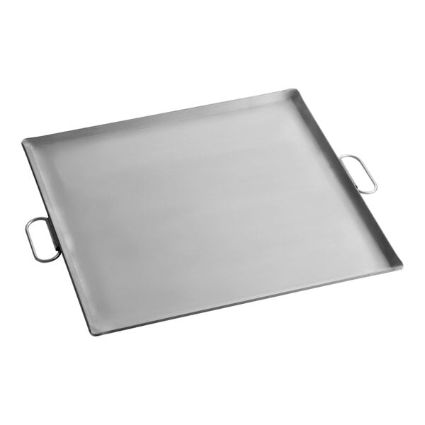 A large square steel griddle with fold-down handles on each side.
