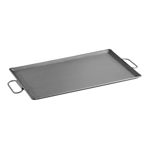 A rectangular steel griddle with fold-down handles on each side.
