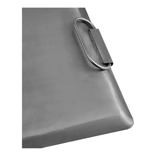 A rectangular portable steel griddle with a fold-down handle.