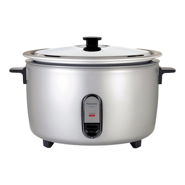 A silver stainless steel Panasonic rice cooker pot with a lid.
