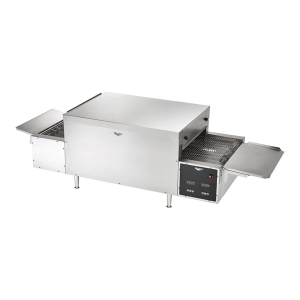 A large stainless steel countertop conveyor oven with an 18-inch wide belt, digital control panel, and ventless design.