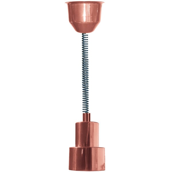 A close-up of a Hanson bright copper retractable ceiling mount heat lamp.