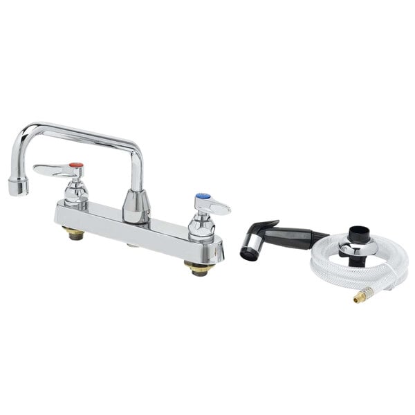 A T&S deck-mounted workboard faucet with lever handles and side spray hose.
