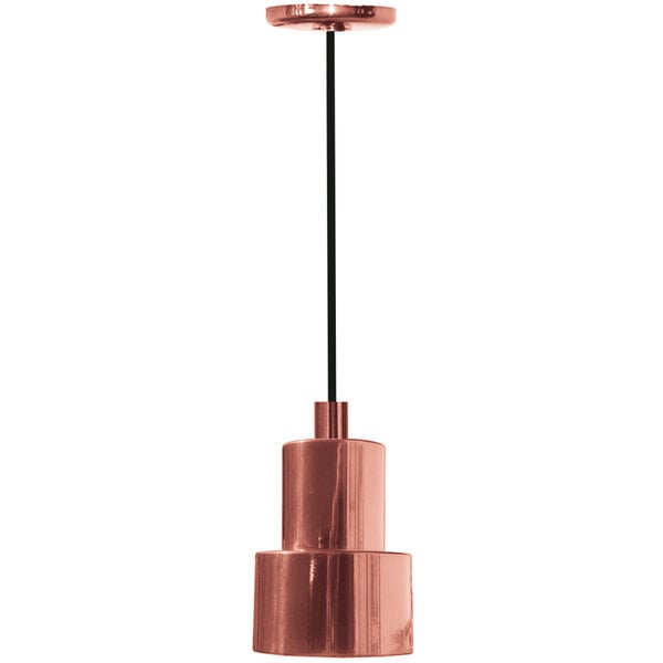 A Hanson Heat Lamps ceiling mount heat lamp with a bright copper finish.