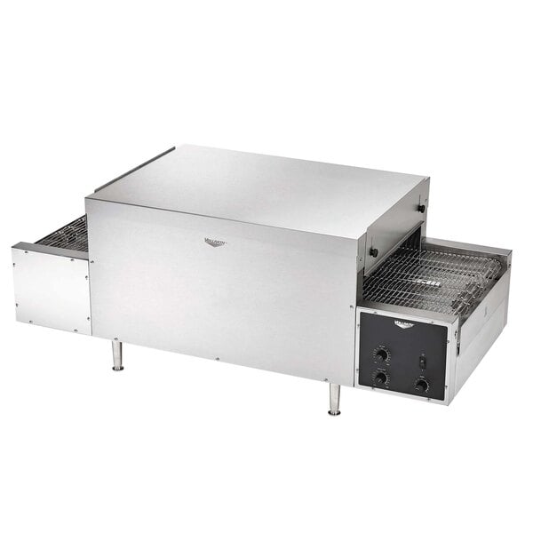 A large rectangular stainless steel Vollrath countertop conveyor oven with a grid.