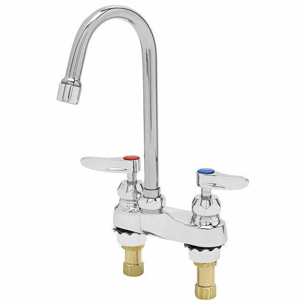 A T&S chrome deck mounted lavatory faucet with two lever handles.