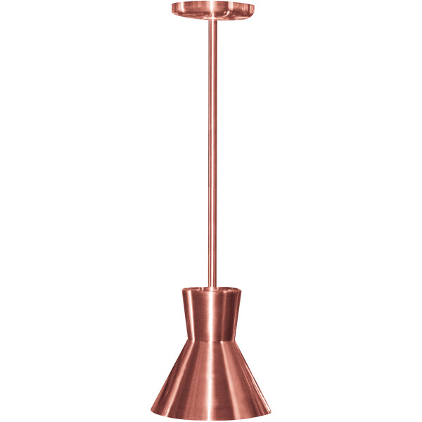 A close-up of a Hanson bright copper ceiling mount heat lamp.