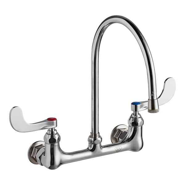 A T&S chrome wall mount faucet with two wrist handles and a gooseneck spout.