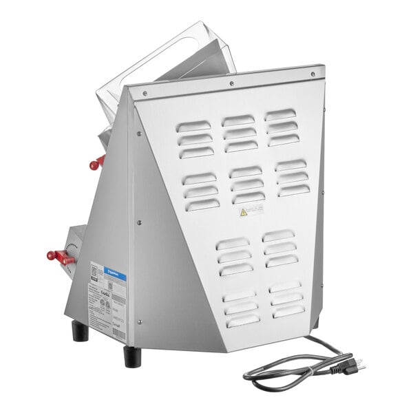 A stainless steel countertop two stage dough sheeter with a vented back panel and attached power cord.