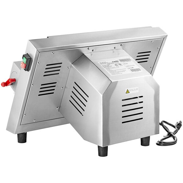 A white Estella countertop dough sheeter with a metal cover and red button.