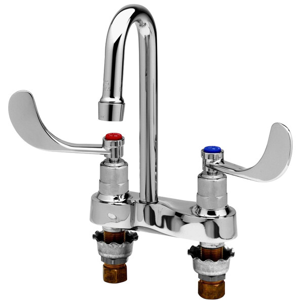 A chrome T&S medical faucet with 2 wrist handles and a swivel gooseneck spout.