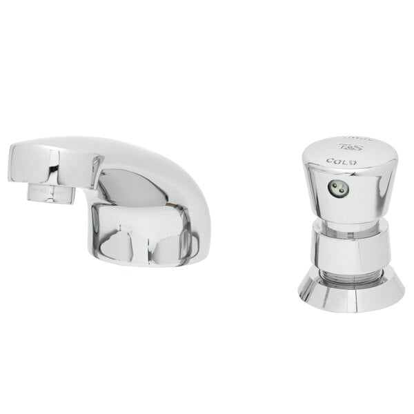 A T&S deck mounted metering faucet with push button metering cartridge.