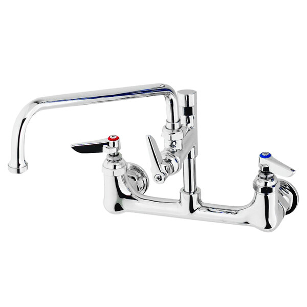 A chrome T&S wall mount pantry faucet with two swing nozzles and two lever handles.