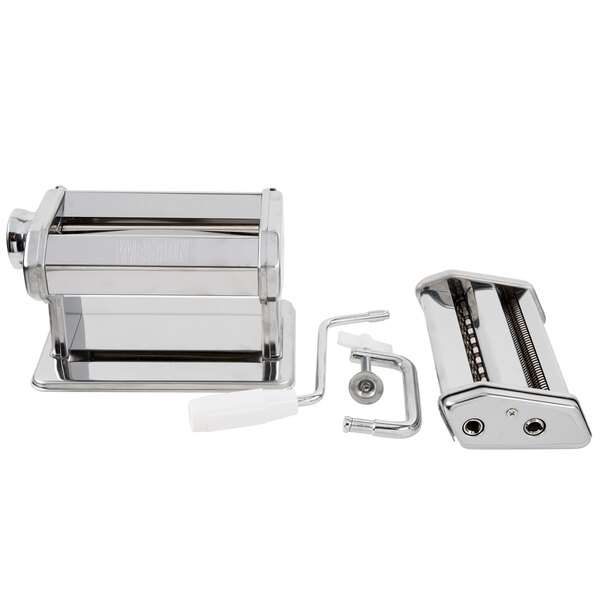 A Weston Roma manual pasta machine with a metal handle and cutter.