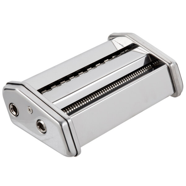 A Weston stainless steel pasta machine with a handle.