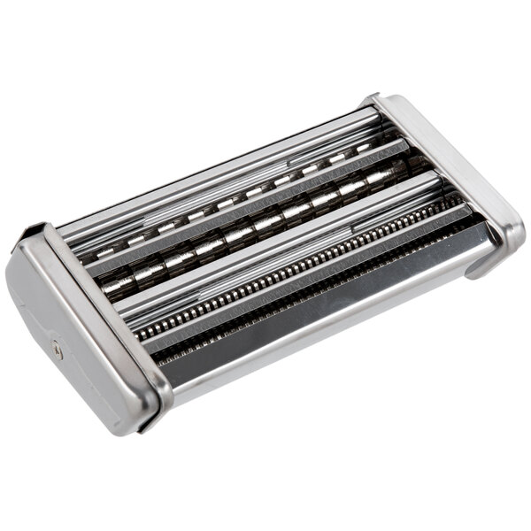 A silver metal Weston Roma Manual Pasta Machine with many metal parts.