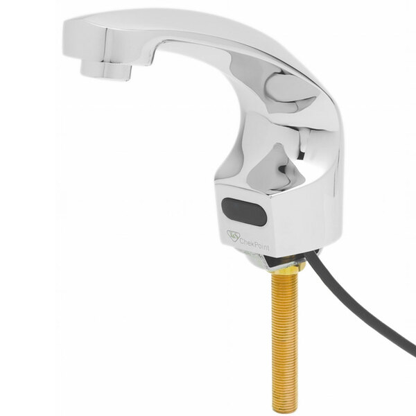 A silver T&S hands-free sensor faucet with a black cord.